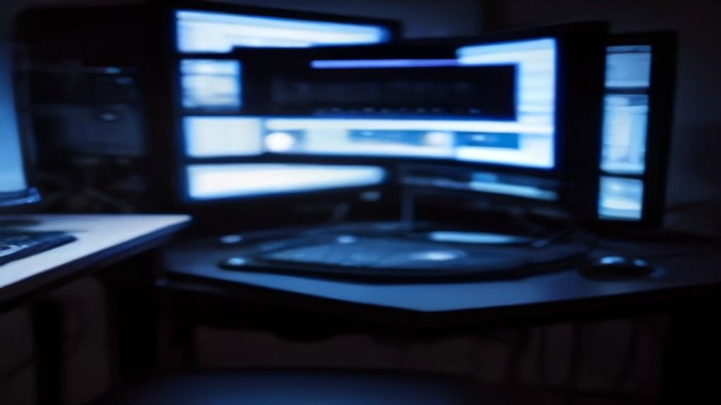 A modern laptop screen displaying code and AI model diagrams, surrounded by glowing data streams and futuristic hardware on a desk.