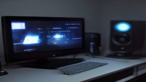 A modern workspace with a large monitor showing real-time performance graphs and a sleek keyboard under soft lighting.
