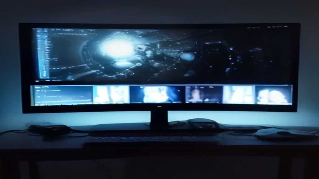 A sleek dark workspace with glowing blue accent lights and a futuristic dashboard displaying blazing performance metrics.