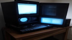 A modern laptop screen showing Windows 11 desktop with Copilot sidebar open, performance graphs, and optimization tools on a tidy desk