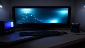 Futuristic gaming PC setup with glowing AI core and performance graphs on dual monitors