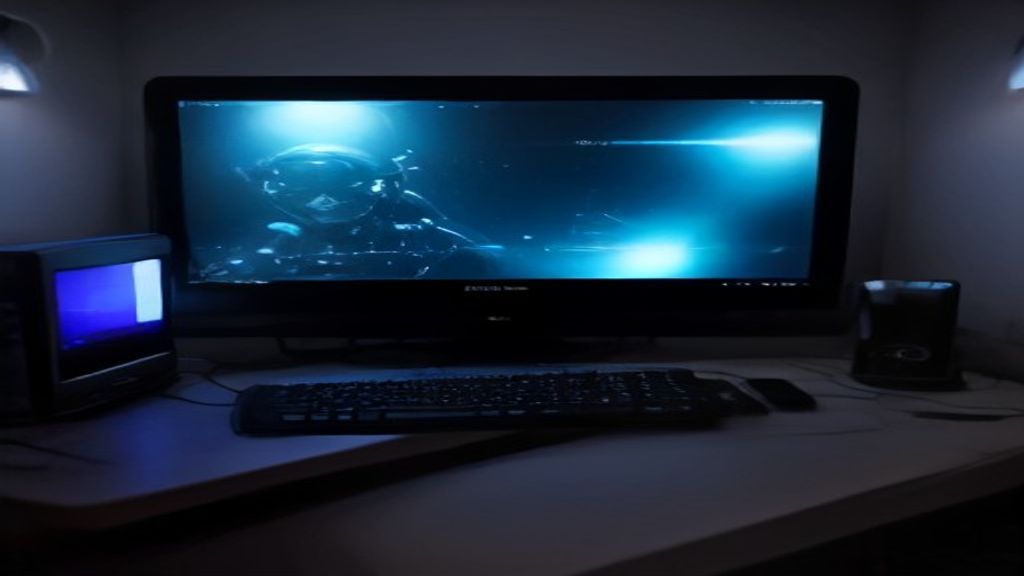 Futuristic gaming PC setup with glowing AI core and performance graphs on dual monitors