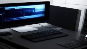 A modern desktop showing Windows 12 setup screen with USB drive and TPM bypass illustration