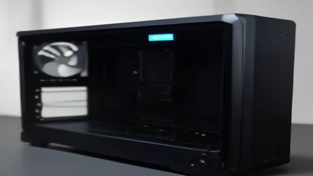 A sleek gaming setup with a monitor displaying Windows 12 performance graphs, RGB keyboard, and high-end GPU