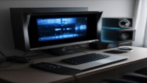 A sleek Zotac Magnus EC2 compact gaming PC sits on a desk, with LED accents and cable management showcasing its tidy setup