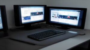 A futuristic gaming desktop with RGB lighting and monitors showing real-time performance metrics and AI optimization dashboards