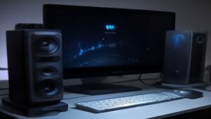 A sleek AI laptop on a glass desk with soft blue lighting, displaying code on its screen while a minimalist workspace surrounds it