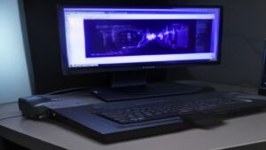 Two sleek laptops side by side on a modern desk, one labeled Snapdragon X2 and the other Intel Core Ultra 9, with subtle circuit board patterns in the background