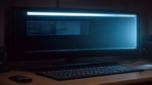 A modern AI laptop on a clean desk with floating holographic code snippets and coffee, highlighting sleek design and neural performance
