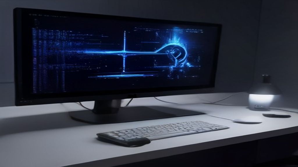 Open laptop on a dark desk with abstract neural-network graphics glowing on the screen, representing offline local AI computing.