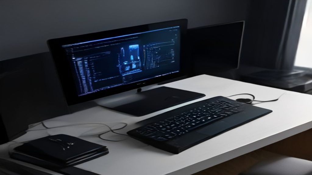 A modern workspace where a developer uses an AI-powered game creation interface on a large monitor, surrounded by colorful indie game assets