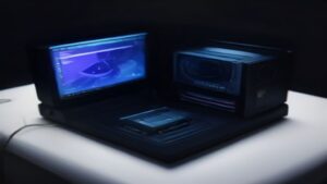 A sleek next-generation GPU illuminated by blue neon circuits, with neural network nodes overlaying the chip, dark background