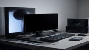 Sleek workstation with dual monitors showing AI benchmark graphs and performance metrics, bathed in cool blue light