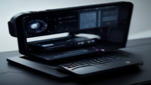 A sleek lineup of affordable 2026 AI laptops with Copilot+ branding on a modern desk, showing thin bezels and backlit keyboards