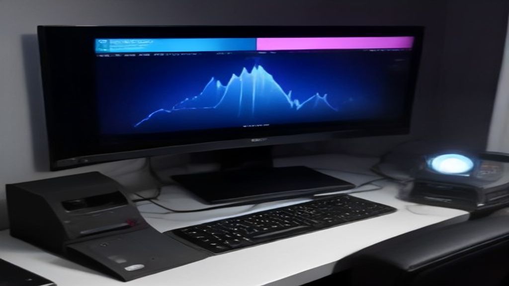 A gaming setup with a monitor showing an AI‑driven NPC with a player, neon lighting and tech accents