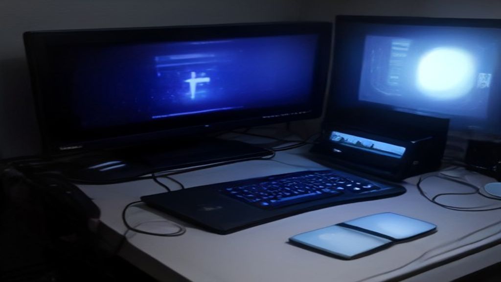 A modern gaming PC setup with RGB lighting and a dual monitor display showing optimized game settings and high frame rates in a dark room.