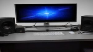 A sleek 4K gaming monitor sits on a minimalist desk, displaying vibrant HDR gameplay with sharp detail and fluid motion.
