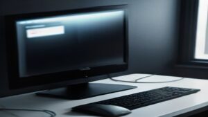 A premium 8K OLED gaming monitor on a sleek desk with RGB lighting in a dark room