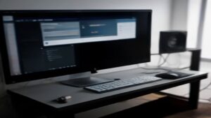 A sleek futuristic workspace featuring ROG Zephyr Ultra peripherals glowing with ambient AI-driven lighting on a dark desk