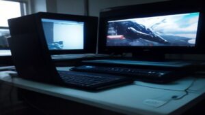 A modern gaming PC build featuring a sleek motherboard with RGB lighting, a high-end graphics card, and advanced cooling components arranged neatly on a clean workbench with ambient lighting.