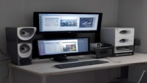 Sleek dual-screen ultrabook on a minimalist white desk with side by side OLED displays, soft ambient lighting, professional lifestyle shot, 3:2 aspect ratio