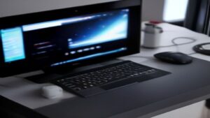 Dual-screen ultrabook on a modern desk, showing two bright displays with productivity apps, set against a clean workspace and soft light