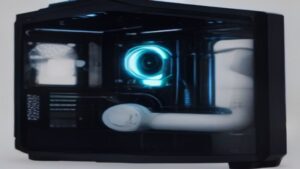 A modern studio with a developer using holographic UI panels, AI code assistant, concept art on a screen, and a team collaborating around a table