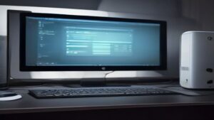 A tidy workspace displaying three high‑end AI laptops under soft lighting, with neural interface visuals active on their screens
