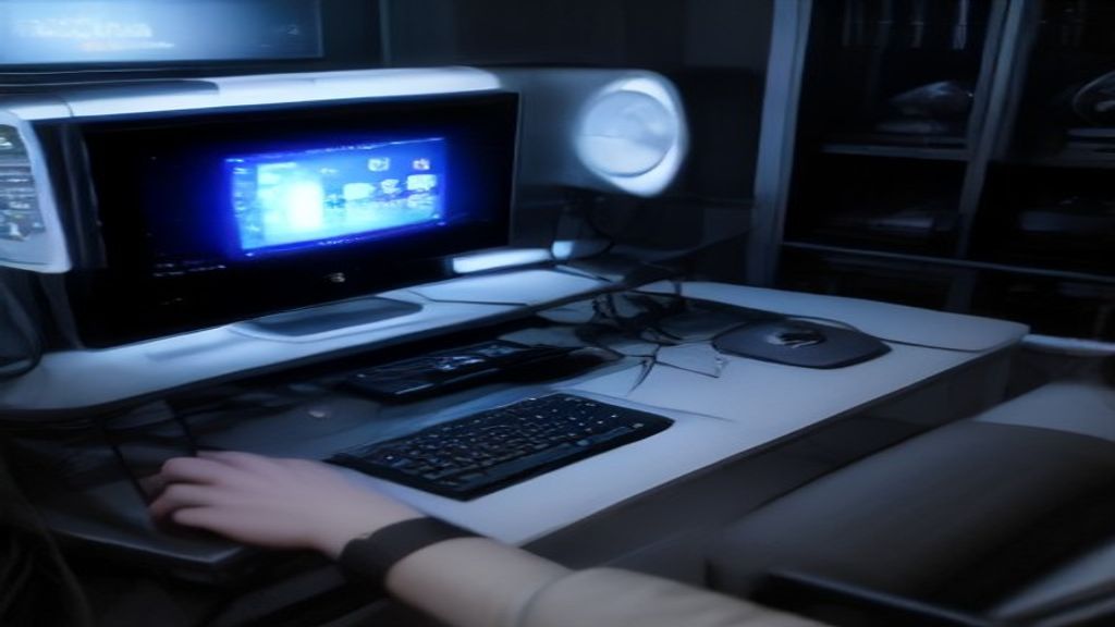 ARM laptop on a minimal desk, terminal showing a local LLM with code and faint AI graphics above the screen