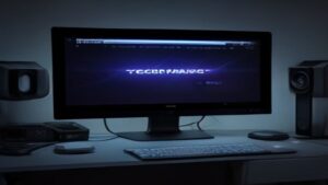 A futuristic workspace with holographic AI interfaces and game development tools displayed on multiple screens showing code and 3D game environments