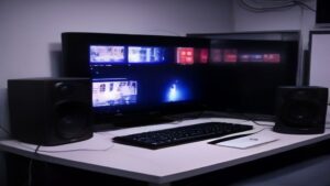 A sleek gaming PC build featuring a VR headset, RGB-lit case, powerful graphics card, and components neatly arranged on a modern desk