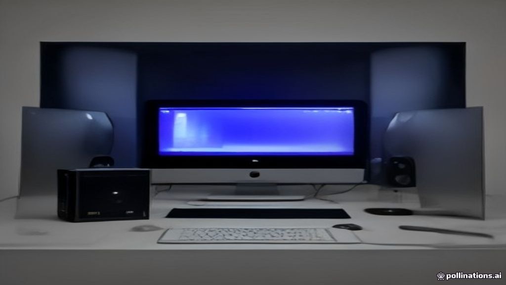 Developer interacts with an AI hologram that creates a 3D game scene on a transparent screen, surrounded by floating UI panels showing asset
