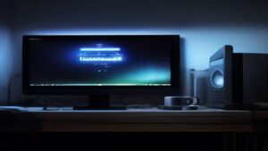 A futuristic gaming PC with RGB lighting on a sleek desk, monitors showing 4K ray-traced graphics, AI-powered components visible in a dim room