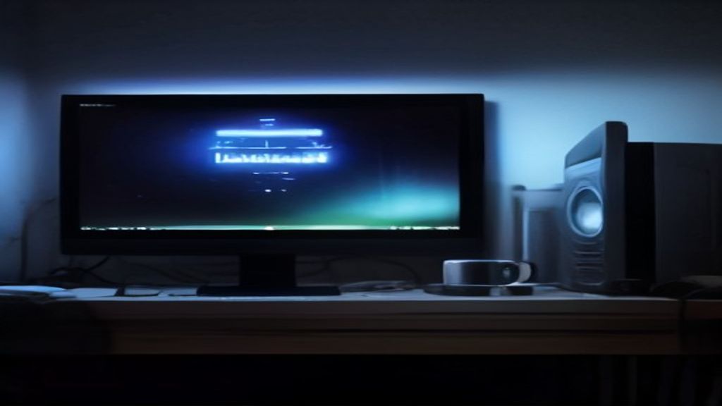 A futuristic gaming PC with RGB lighting on a sleek desk, monitors showing 4K ray-traced graphics, AI-powered components visible in a dim room