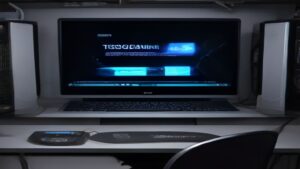 A red-accented desktop graphics card rests on a dark desk with soft cyan lighting and subtle circuit texture.