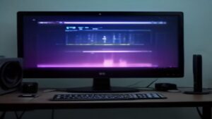 ASUS ROG Ally X handheld gaming device on a dark desk with RGB lighting