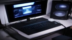 A sleek modern desk setup featuring multiple gaming laptops with RGB keyboards and monitors displaying gameplay in a dimly lit room