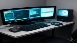 A sleek laptop displaying vibrant game graphics with a glowing AI copilot interface overlay, set against a dark studio background.