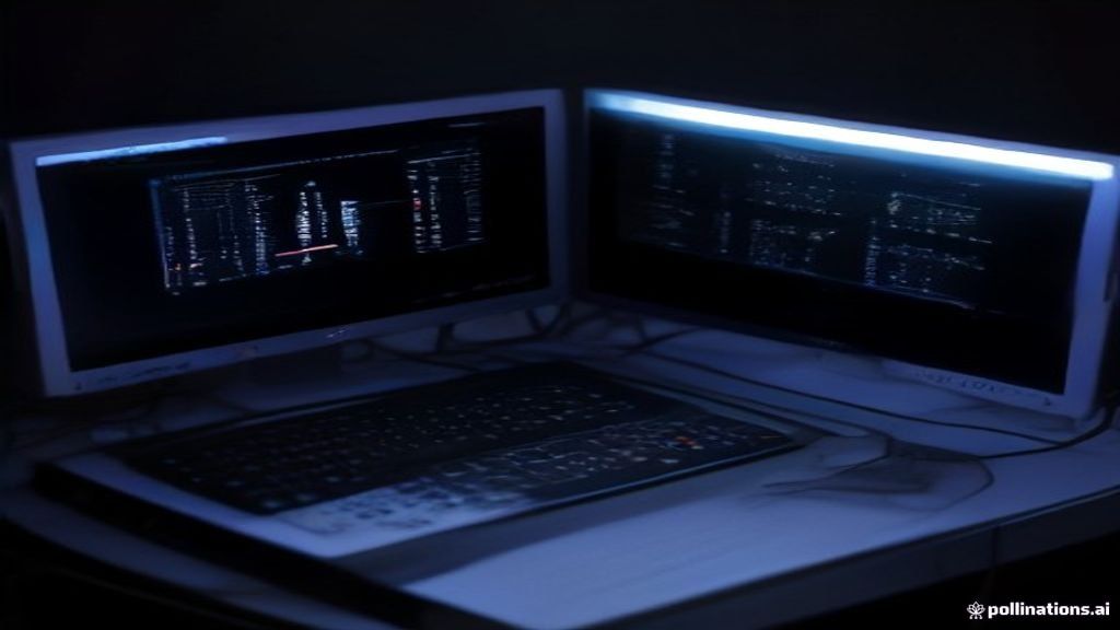 Sleek silver laptop showing glowing neural network graphics, surrounded by subtle circuit patterns on a dark gradient background