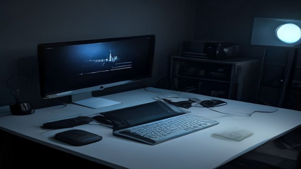 Premium laptop with glowing neural network patterns on screen, surrounded by holographic data streams and AI chip components on a dark reflective surface