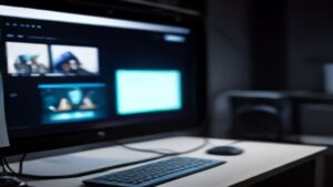 Futuristic gaming station showcasing a sleek AI-powered headset with adaptive sound waves and holographic interface