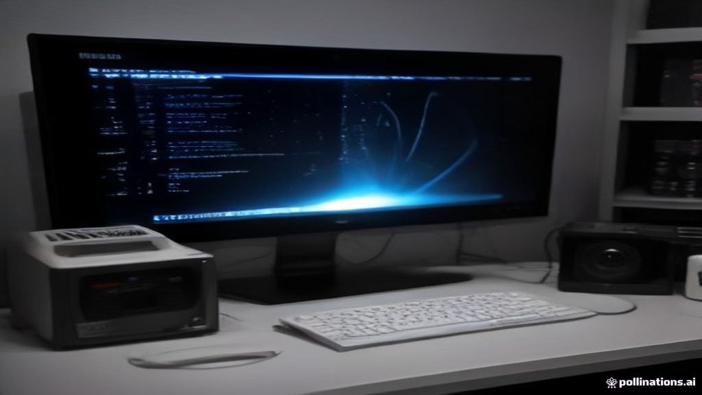 A futuristic gaming mouse with glowing RGB wheel on a black mousepad beside a curved ultrawide monitor showing vivid game graphics
