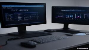 A modern silver gaming laptop on a desk with RGB keyboard lighting and a gaming mouse