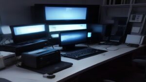 Engineers assembling a custom workstation on a clean desk with components, measuring tools, and a benchmark graph.