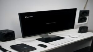 A futuristic gaming setup with multiple high-performance cloud gaming devices displayed on a sleek screen, showcasing seamless streaming visuals