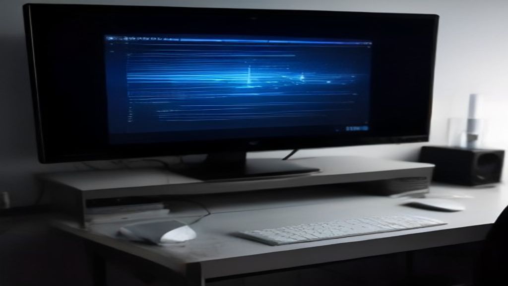 A futuristic gaming setup with a player on a large screen surrounded by glowing data streams and holographic displays in a modern dark room