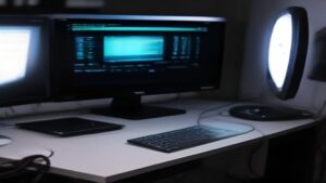 High-resolution view of a gaming setup featuring the Snapdragon X Elite CPU with vibrant game visualization
