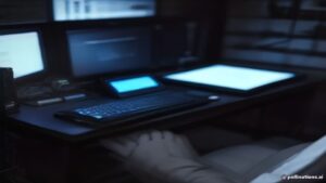 A sleek Lenovo Legion Go S handheld gaming device on a dark desk with SteamOS glowing on its touchscreen, surrounded by gaming peripherals