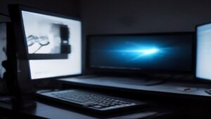 Gamer in a dark room, illuminated by neon RGB lights, using a desktop PC with a glowing shield icon representing VPN protection