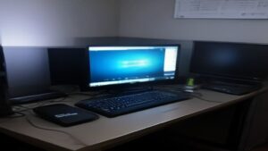 Sleek dark gaming laptop open on desk with RGB keyboard lighting reflecting off screen, surrounded by gaming accessories on clean modern desk